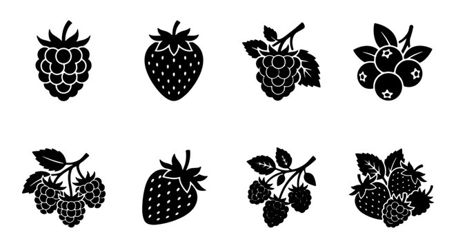 Black berry icons set, minimalist strawberry and raspberry vector silhouettes, 8 organic fruit elements for food packaging and menu design