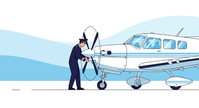Pilot inspecting aircraft propeller, aviation safety check, preflight preparation illustration