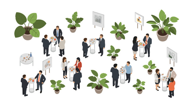 An isometric collection of business people networking at high cocktail tables with potted plants and charts in the background on a clean white surface.
