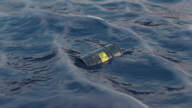 3D render of a crude oil barrel floating in the Strait of Hormuz. Symbol of global energy crisis, oil transportation risk, geopolitical tension, and disruption of oil supply routes.