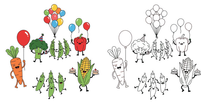 Cute Vegetable Characters Party Illustration and Coloring Page with Carrot Broccoli Peas Corn and Pepper