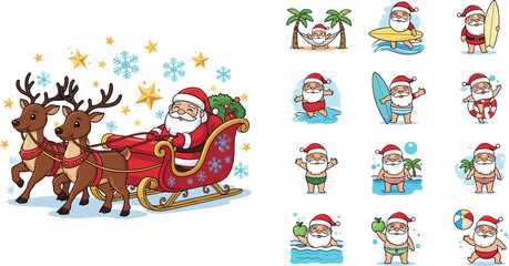 Santa Claus Christmas vector set with reindeer sleigh, summer vacation poses, funny holiday character collection for seasonal design © MdRazaul