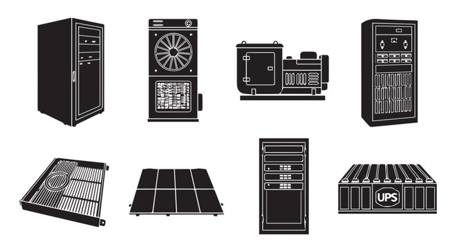 A collection of various computer server and data storage equipment illustrations in black and white