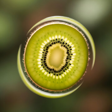 A perfectly sliced kiwi fruit is digitally manipulated to create a swirling, abstract portal effect with a bokeh background.