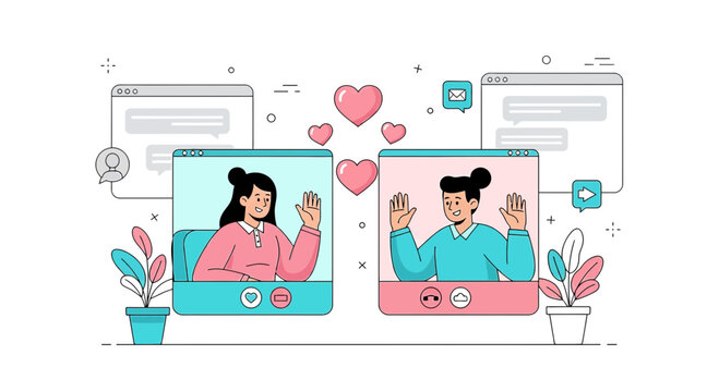 Online Dating Illustration: Couple Connecting via Video Call, Hearts Symbolizing Love