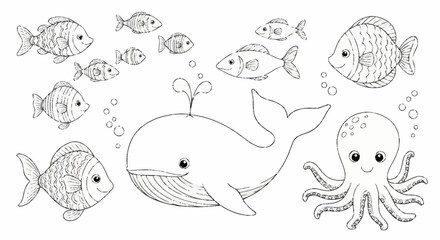 Marine Life Coloring Page - Whale, Octopus, and Fish. © Siti