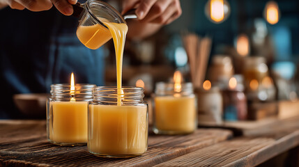 Candle making: molten wax being poured into glass jars with wicks, focus on aroma and home craft