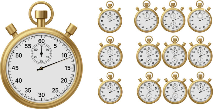 Vintage gold stopwatch vector set with detailed timer faces, classic chronometer collection, time measurement icons for sport and design use