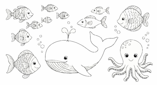Marine Life Coloring Page - Whale, Octopus, and Fish.