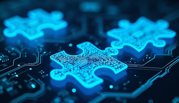 Several glowing blue 3D puzzle pieces with integrated circuit patterns, neatly arranged on a complex electronic circuit board with glowing blue paths.