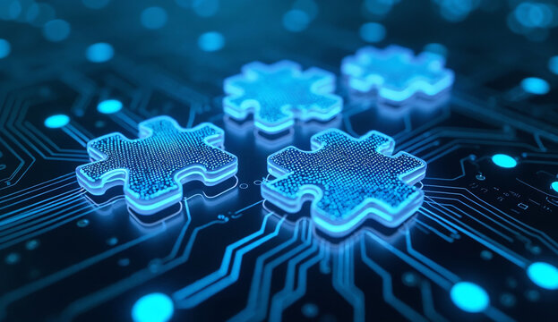 Several glowing blue 3D puzzle pieces with integrated circuit patterns, neatly arranged on a complex electronic circuit board with glowing blue paths.