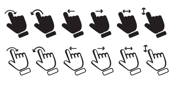 Hand Gesture and Touchscreen Navigation Icon Set - Swipe, Scroll, Drag, and Zoom Finger Movements in Outline and Solid Styles for Mobile UI and Application Design