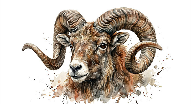 Watercolor Wild Ram Portrait with Curved Horns
