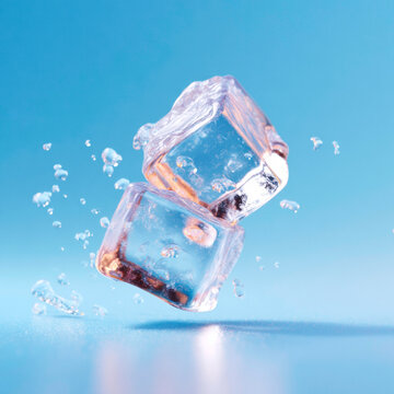 Crystal Clear Ice Cubes Splashing Into Refreshing Blue Water Surface With Bubbles And Drops