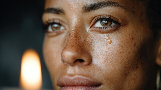 Gaslight, Emotional close-up of tearful eyes reflecting a warm lamp flame light.
