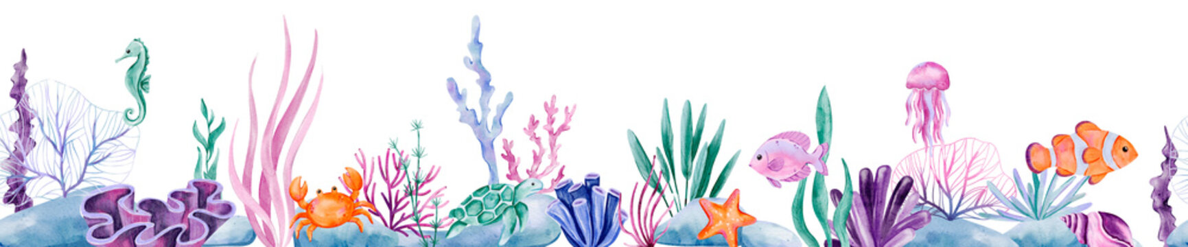 Watercolor Underwater Border with Sea Animals, Coral, and Plants &ndash; Featuring Crab, Turtle, Seahorse, Fish, and Jellyfish