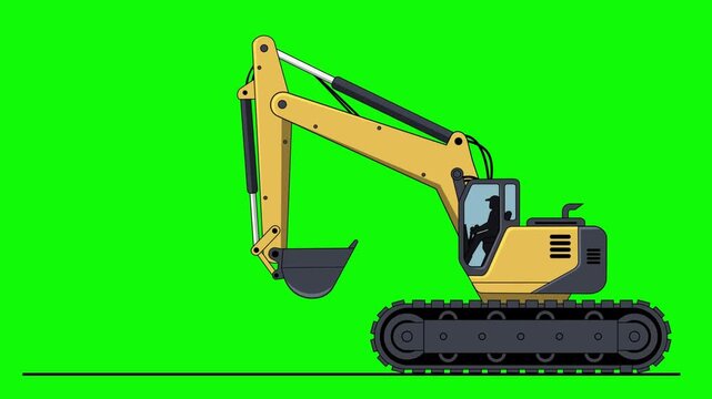 Yellow Animated Excavator Digging on Green Screen Background