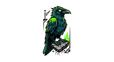 Obraz premium Mystical Black Raven Mascot Illustration with Glowing Green Eyes Perched on Stone