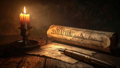 Lit candle beside old parchment paper and quill pen for Tiradentes Day remembrance