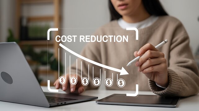 A business professional analyzing data on a laptop screen to achieve effective cost reduction goal