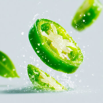 Fresh Green Jalapeno Pepper Slices With Dynamic Water Splashes And Seeds On White Background
