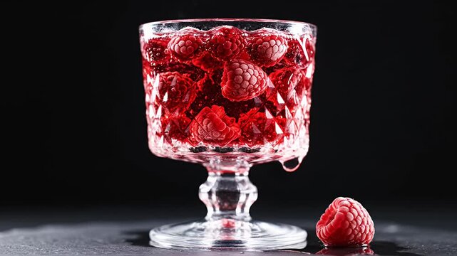 Red raspberry drink pouring into an elegant glass goblet
