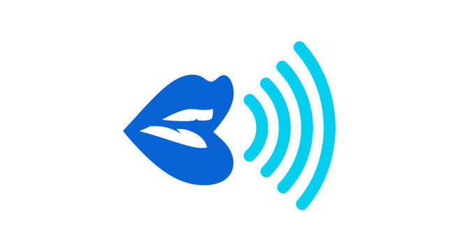 Voice Recognition Icon with Blue Lips and Sound Waves.