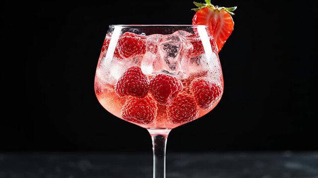 Refreshing raspberry cocktail with ice and strawberry in elegant glass