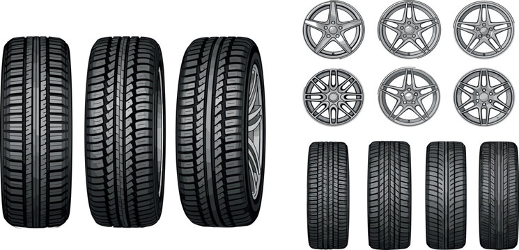 Car tires and alloy wheels set with different tread patterns realistic vector illustration automotive equipment isolated background
