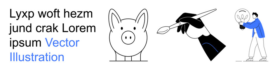 Fototapeta premium Financial planning, creativity, problem-solving, savings, innovation, design concepts. Piggy bank, hand with brush person holding light bulb. Financial planning and creativity