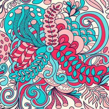 Seamless retro pattern with botanical leaves, abstract shapes and flowing swirls. Inspired by 60s and 70s hippie aesthetic with groovy psychedelic vibe. Bright mix of pink, turquoise, fuchsia and whit