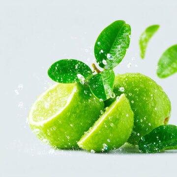 Fresh Green Lime Slices With Mint Leaves And Energetic Water Splashes On Grey Background