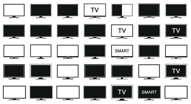 An assortment of modern flat screen televisions in black and white some displaying tv or smart