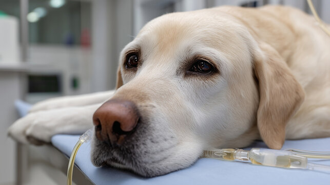 a labrador taking an intravenous therapy. The dog is resting on a vet table.