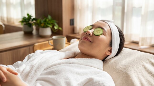 Relaxed woman spa facial with cucumber slices on eyes lying on treatment bed in bathrobe enjoying self care