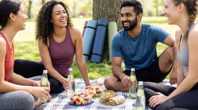 Active friends enjoying healthy outdoor picnic with wraps, fruit salad, bottled drinks and yoga mats in sunny park, laughing and relaxed in casual athletic wear