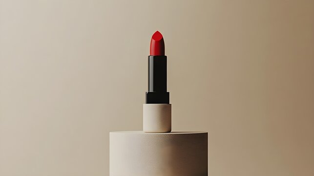 Red lipstick on minimalist beige podium makeup cosmetic