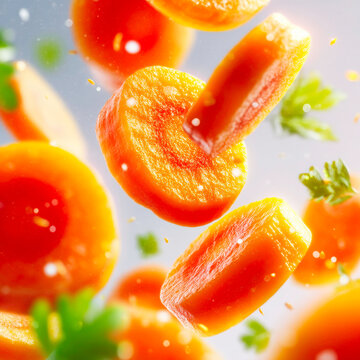 Fresh Orange Carrot Slices Falling Through Air With Clear Water Droplets On White Background