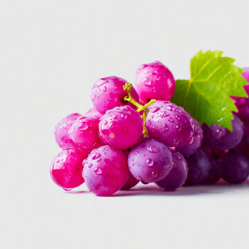 Fresh Purple Grapes Bunch With Sparkling Water Droplets And Green Leaves On White Background
