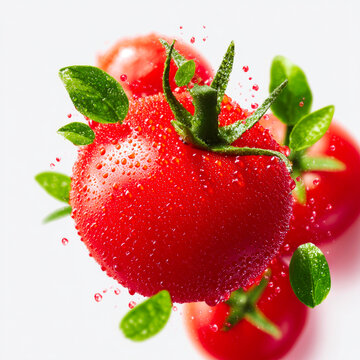 Fresh Red Tomato With Energetic Water Splashes And Green Leaves Levitating On White Background