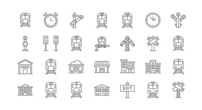 A collection of thin line icons depicting various railway and train related elements and infrastructure