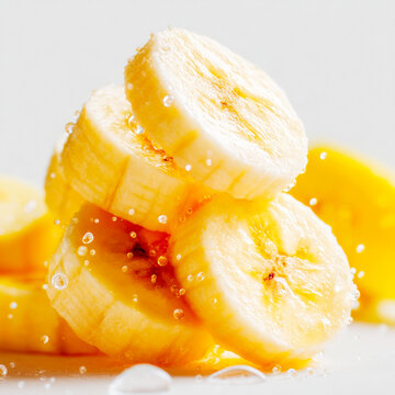 Fresh Sliced Bananas And Whole Fruit Pieces With Dynamic Juice Splashes White Background