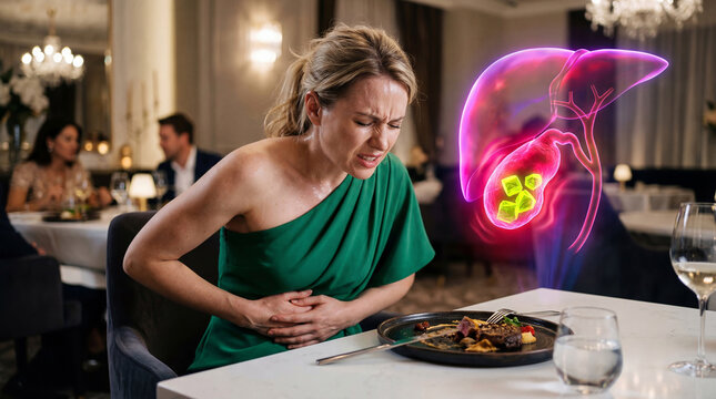Woman in restaurant suffering from abdominal pain with holographic visualization of gallbladder gallstones. Medical concept of biliary colic, digestive health and organ disease.