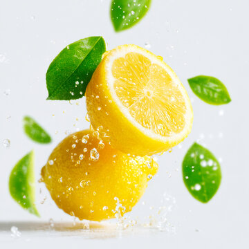 Fresh Zesty Yellow Lemons With Green Leaves Splashing Into Clear Water On White Background