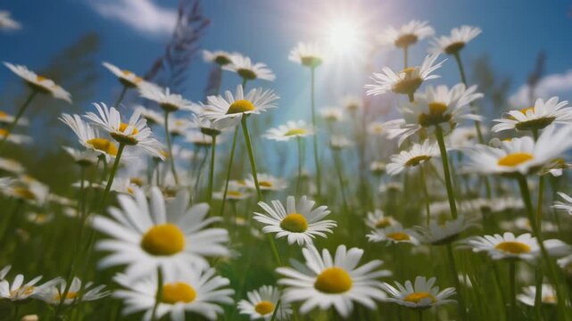 Margeritenwiese unter strahlend blauem Himmel im Sonnenschein