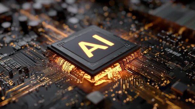 Sophisticated AI microprocessor with intense golden energy glowing on futuristic circuit board for high performance computing (AI Generated)
