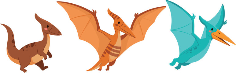 Cartoon Pterodactyl and Flying Dinosaur Characters in Various Poses, Ideal for Prehistoric and Dinosaur Illustrations © MdMonirul