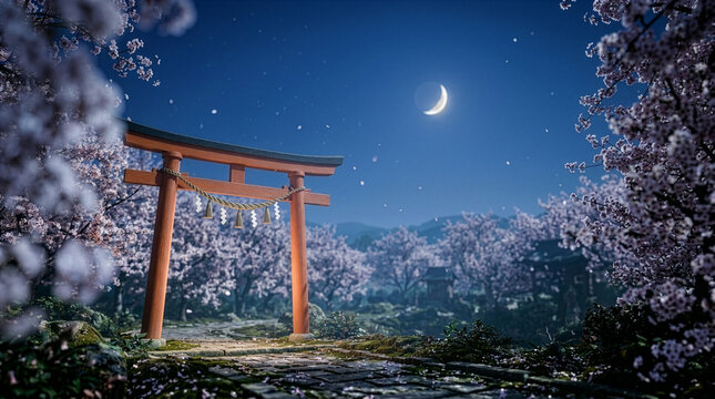 Vermilion torii gate with shimenawa under crescent moon, minimalist night cherry blossom scene, indigo sky copy space
