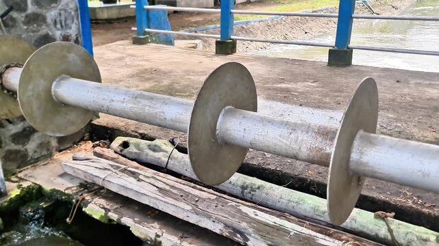 Industrial Steel Handwheel Valve Control on Water Gate Structure at River Dam