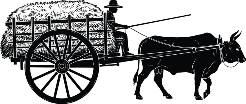 Traditional farmer with ox cart illustration, rural agriculture hay wagon silhouette, vintage bullock carriage vector, rustic countryside livestock transport graphic, cattle.